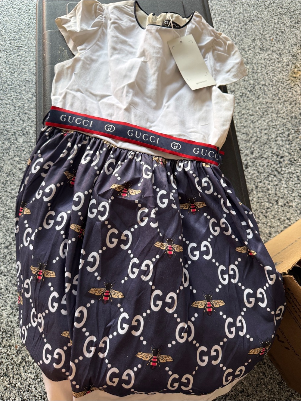 White Top Navy GG Bee Logo Girls Dress with Red-Trim Waistband